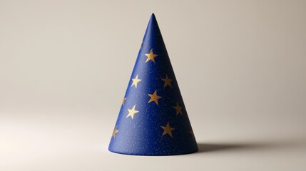 Fototapeta premium 3D rendering of a single bold blue party hat with glitter stars, resting on a minimalistic neutral background realistic 
