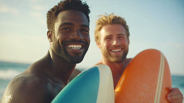 Portrait of diverse happy smiling men holding surf boards on the ocean or sea sand beach, black african american and white caucasian man, two multiethnic and multiracial friends together in the summer