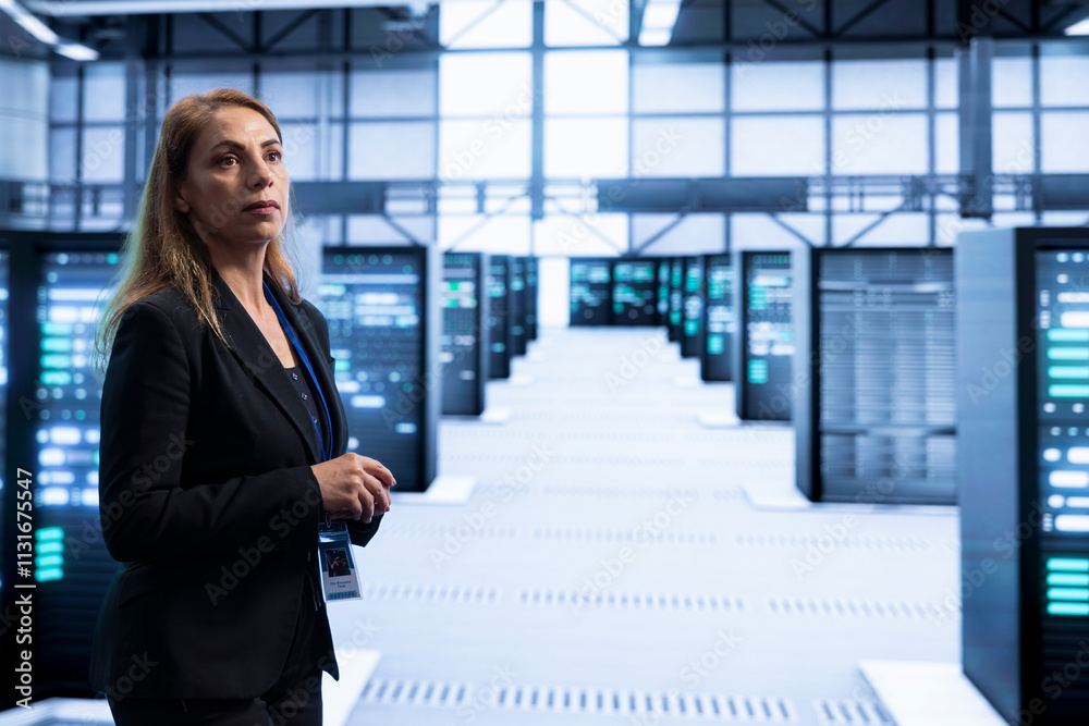 Poster system administrator walking in server hub, checking hardware after installing storage units. woman 
