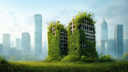 Fototapeta premium The AI generated artwork depicts a once bustling city now consumed by lush vegetation and wildlife, with crumbling buildings overgrown with vines and trees reclaiming the urban landscape