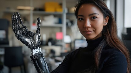 Naklejka premium A woman robotics expert showcases AI technology in prosthetics, creating innovative devices that improve mobility for disabled people