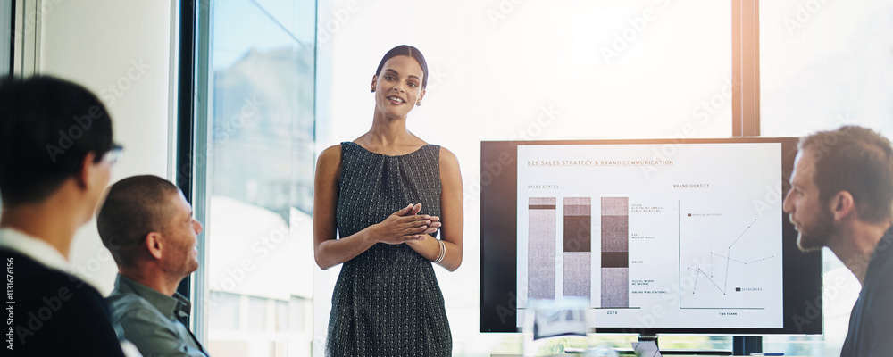 Poster woman, screen and presentation with team in boardroom, charts and review for b2b sales strategy. spe