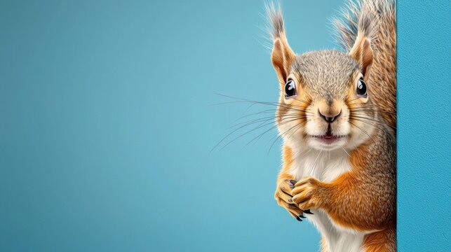 A digital illustration of a surprised squirrel cautiously peeking around a corner against a vibrant blue background, with ample copy space for text.