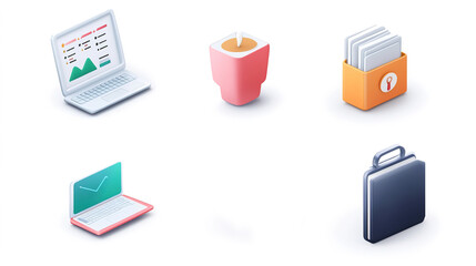 3D Business Icons - Work Laptop, Coffee Cup, and Clock