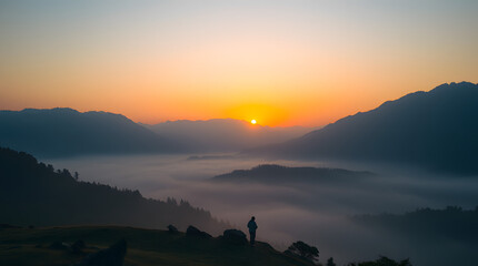  Serene sunrise over a misty mountain range