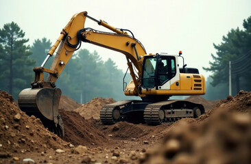 Obraz premium large yellow crawler excavator during excavation work, trench for house foundation