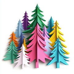 Obraz premium 3D rendering of colorful Christmas tree cutouts in vibrant colors, placed on a white background realistic 