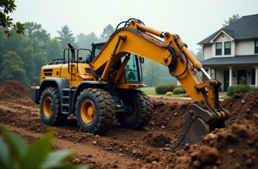 Fototapeta premium powerful wheel excavator during excavation work, digging earth with bucket at construction site