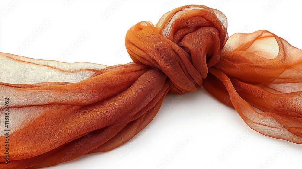 Poster A beautifully tied terracotta-colored muslin blanket displays its soft, flowing texture, adding warmth and style. Ideal for creating inviting spaces or cozy moments in various settings