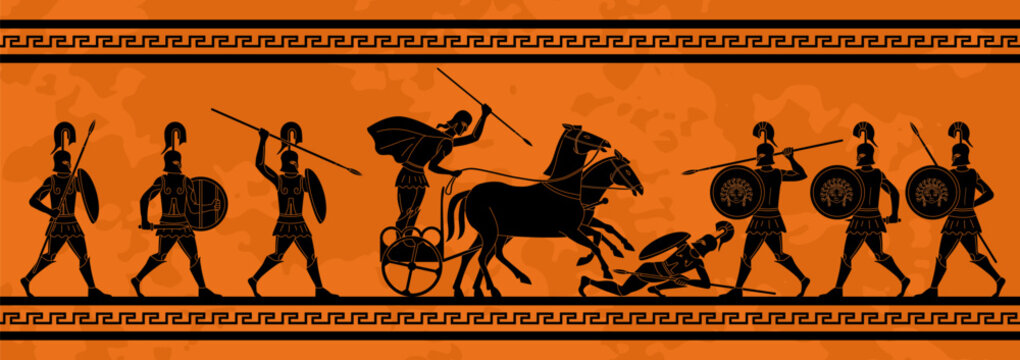 Ancient Greek ornament. Mural fresco or ceramic amphora with mythical battle of warriors with spears and shields. Depiction of historical event of human civilization. Flat vector illustration
