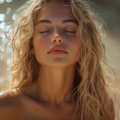 Naklejka premium blond woman leaning on sand at the beach, with closed eyes, green detailes, sunny daylight