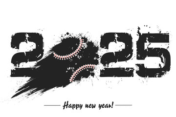 Numbers 2025 and flying abstract baseball ball made from blots with by milky way in grunge style. Happy New Year 2025. Design template for greeting card. Vector illustration on isolated background