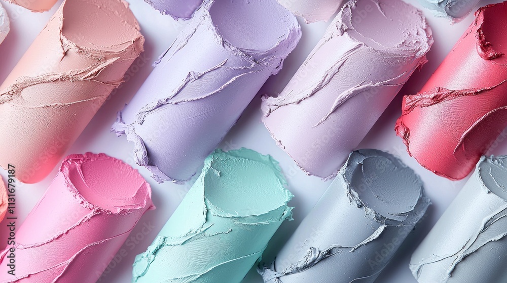 Poster An artistic display features an array of pastel paint rolls in soft hues, beautifully arranged to highlight their unique textures and colors. This flat lay inspires creativity and design ideas