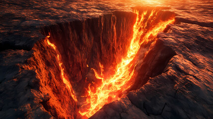 Image of a fiery chasm cutting through a rugged landscape, with flames licking the edges of the dark abyss below. Abyss. Illustration