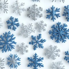 Fototapeta premium 3D rendering of vibrant snowflakes in silver and blue, arranged on a white background realistic