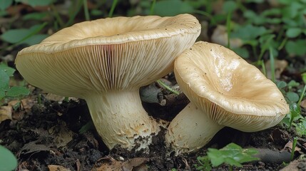 Two mushrooms with light caps and gills growing in forest soil among leaves.