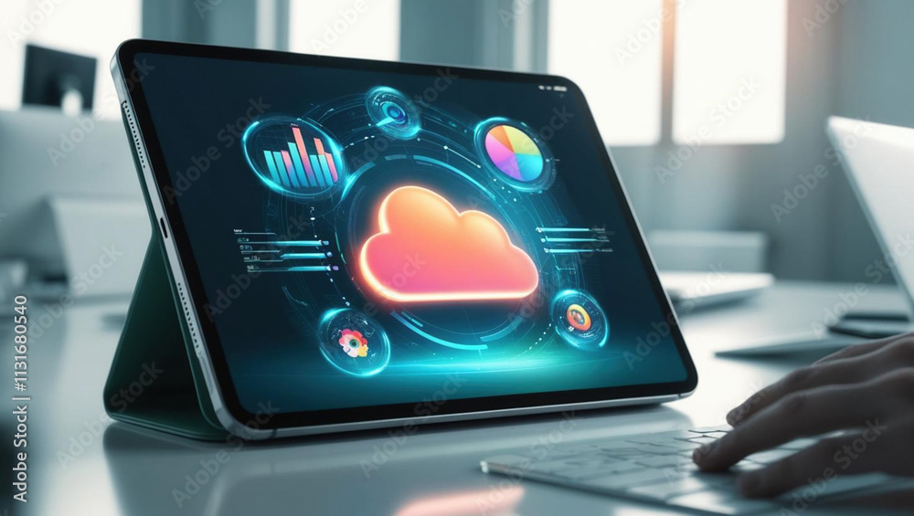 Poster close up of tablet displaying glowing cloud icon with graphs and ai analytics in modern workspace, s