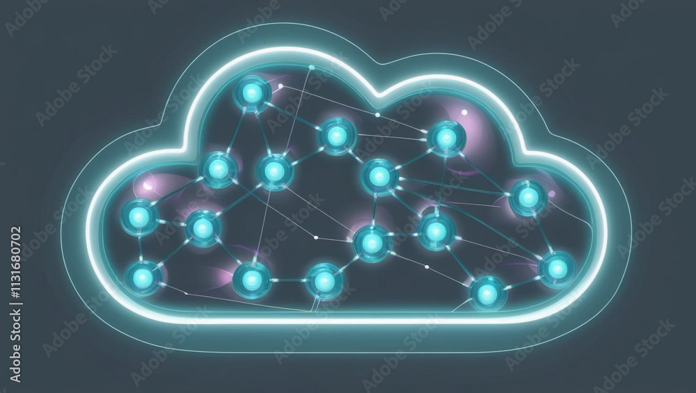 Poster symbolic image of interconnected glowing nodes forming cloud, representing ai driven cloud automatio