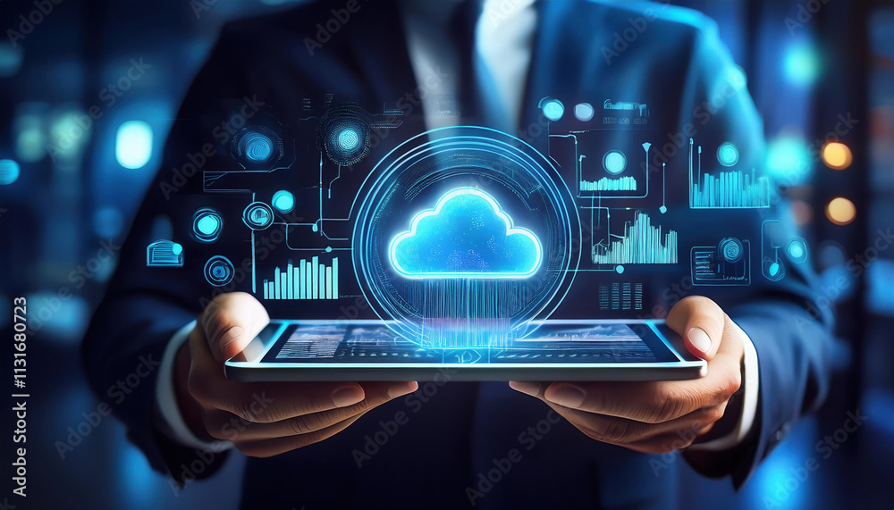 Poster close up of tablet displaying glowing cloud icon with ai analytics and graphs, symbolizing technolog
