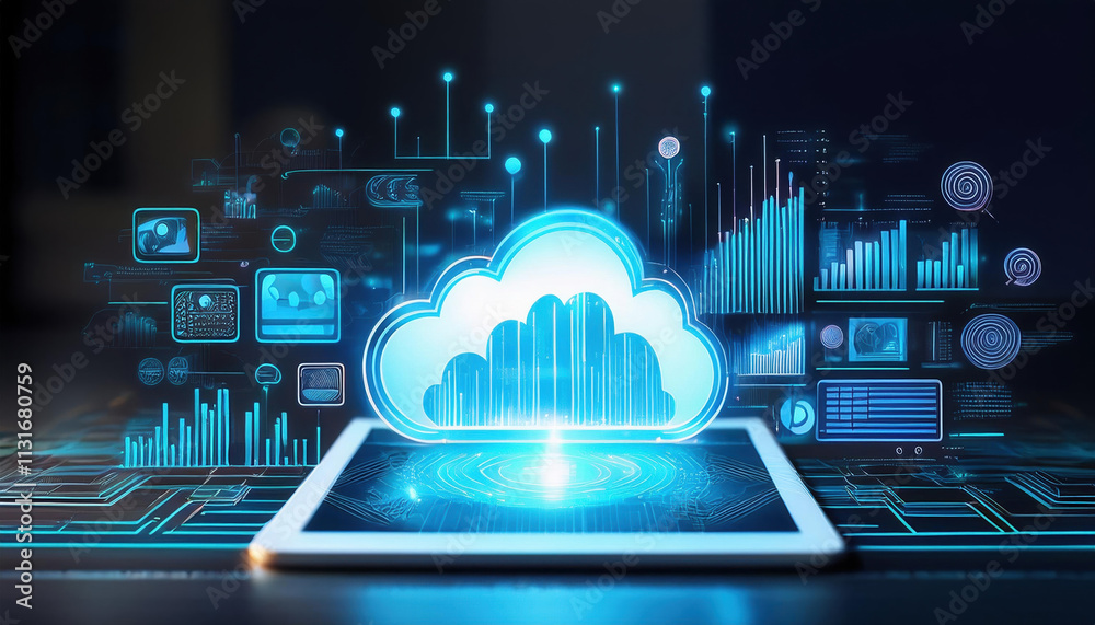 Poster close up of tablet displaying glowing cloud icon with graphs and ai analytics, symbolizing digital t