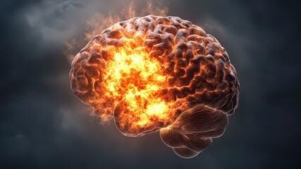 A fiery brain illustration, symbolizing explosive ideas, creativity, and mental power against a dark, dramatic background.
