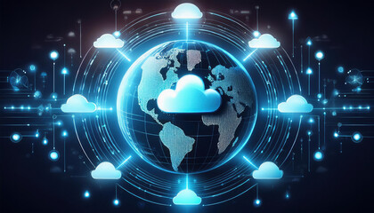 Obraz premium conceptual globe surrounded by glowing arrows and cloud icons, symbolizing connectivity and technology. design emphasizes digital world with futuristic feel