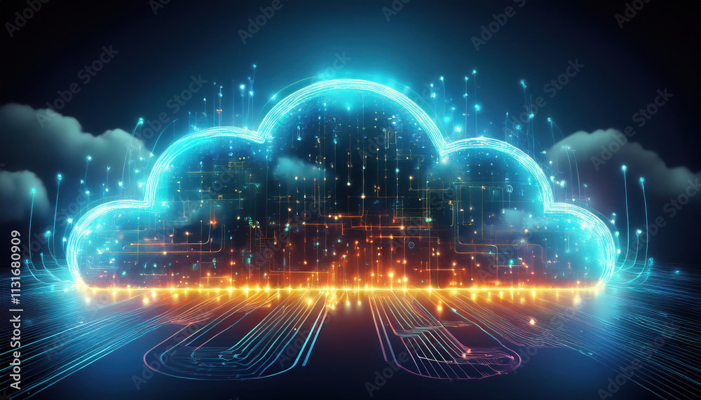 Poster glowing cloud shape with interconnected nodes and circuits, symbolizing digital connectivity and dat