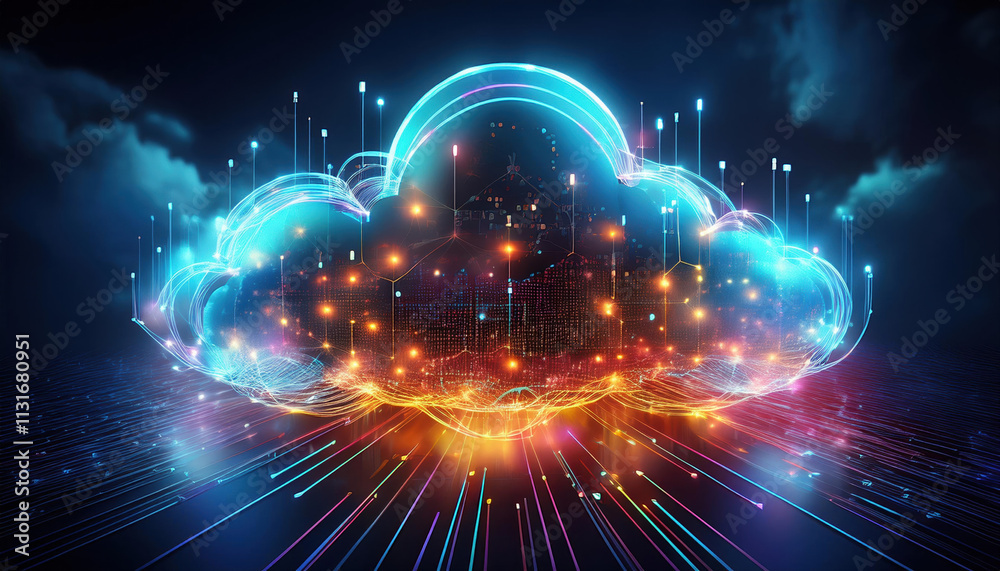 Poster symbolic image of interconnected glowing nodes forming cloud shape, representing digital connectivit