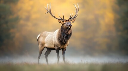 Fototapeta premium The powerful elk stands with its head held high, antlers reaching towards the sky, as the mist swirls around its majestic form in the tranquil forest bathed in the soft, early morning light.