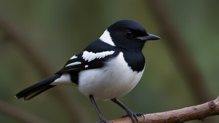 Obraz premium Close-up of a black and white bird perched on a branch.