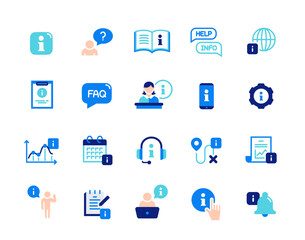 Info center icons set. Colorful signs with Guidebook, Call center, Question mark, FAQ and Customer support service. Design elements for app. Flat vector illustration collection