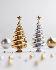 A 3D rendering of a pair of tiny, decorated Christmas trees in gold and silver, standing on a white surface realistic