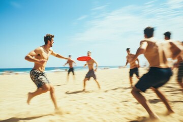 Men playing frisbee on a sunny beach. AI.