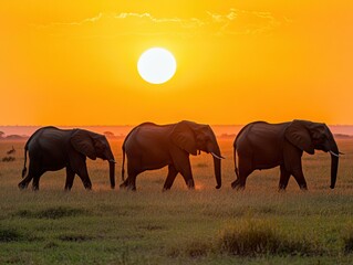 Fototapeta premium Elephants silhouetted against a vibrant sunset. AI.