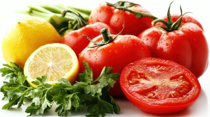 Fototapeta premium Fresh tomatoes and lemons kitchen countertop food photography bright environment close-up shot