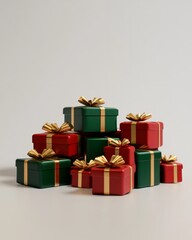 Fototapeta premium A 3D rendering of a stack of small, wrapped Christmas presents in red, green, and gold, arranged on a white surface realistic