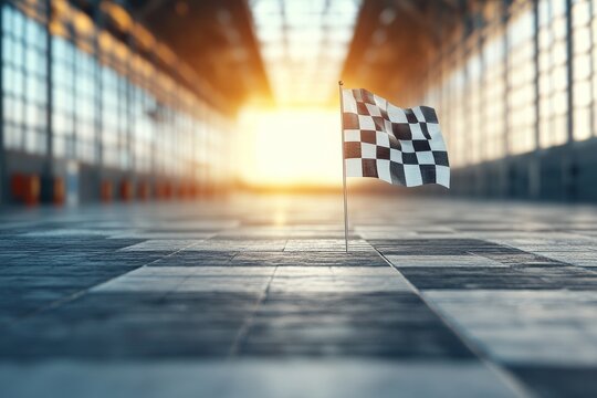 A checkered flag placed in the center of an empty race track illuminated by morning sunlight, representing the concept of victory and conclusion.