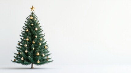 Fototapeta premium vibrant green Christmas tree with gold ornaments and a star topper, isolated on a pristine white background