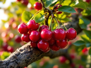 Clusters of ripe cherries glisten in the warm sunlight, inviting harvesters to enjoy their sweetness in a vibrant orchard