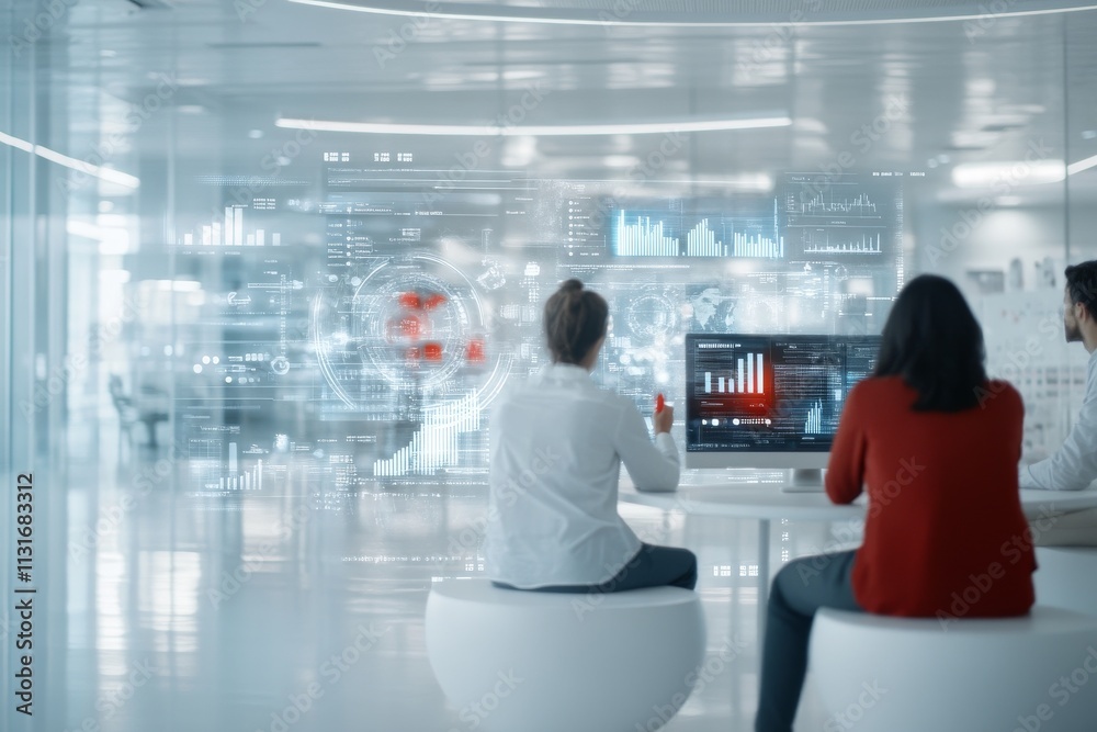 Poster three professionals work in a modern office with transparent digital interfaces displaying analytics