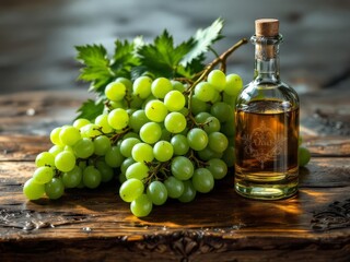 Delicate green grapes and a bottle of golden liquid bask in soft light on a rustic wooden table, exuding a warm, inviting aura of nature's bounty