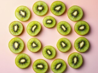 Fresh kiwi slices arranged in a vibrant circular pattern on a soft pink background showcasing natural beauty and texture