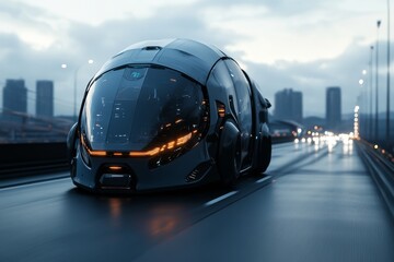 A sleek, futuristic autonomous vehicle travels smoothly on a city highway, exemplifying high-speed innovation in modern transportation against a dusk-lit skyline.