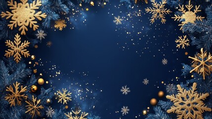 A bold navy festive design with vibrant snowflakes and shimmering gold sequins clustered at the edges, with an empty center realistic