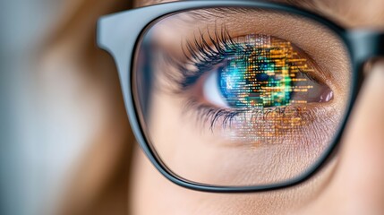 A close up image shows a pair of eyes wearing glasses, with a reflection of digital technology visible on the lenses, symbolizing the concept of cyber security.