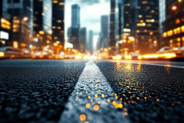 A vibrant city street at night, with blurred car lights and towering modern skyscrapers in the backdrop, conveying the energy and dynamism of urban life.