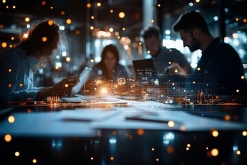 A group of individuals gathered around a table working together, with digital overlays suggesting collaborative efforts in an innovative and creative environment.