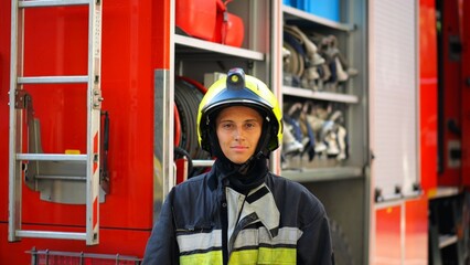 Portrait of confident female firefighter against the background of big red truck. Young firewoman in protective uniform looking at camera near a fire engine. Saving lives and heroic profession concept