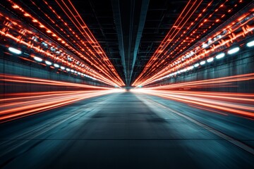 Fototapeta premium Red lights create stunning streak patterns as they speed through a dark tunnel, capturing the motion and energy of high-speed travel in an artistic manner.