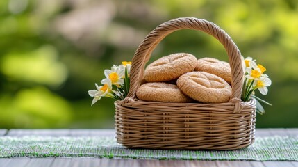 Obraz premium Freshly baked cookies in a wicker basket adorned with flowers, placed on a green mat outdoors, AI